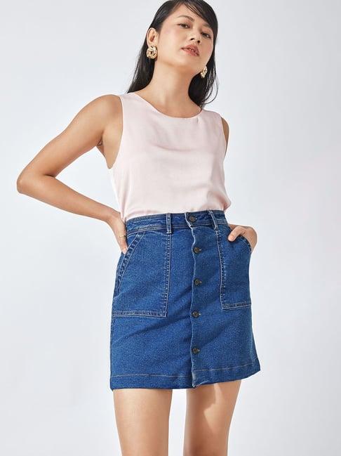 the label life denim blue straight mini skirt