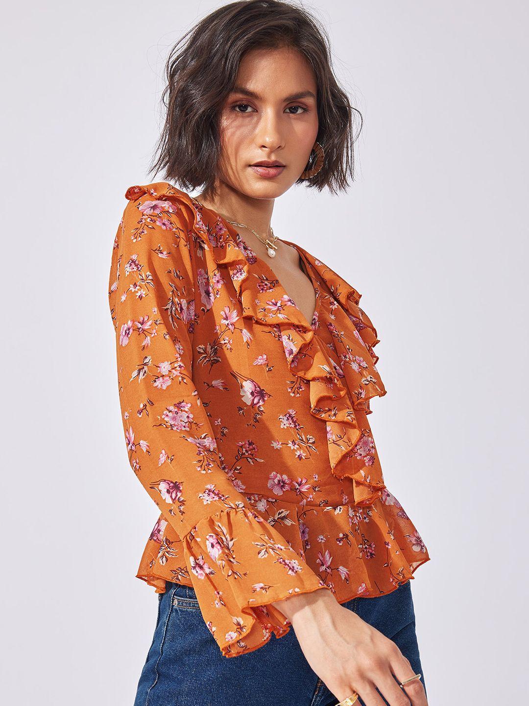 the label life floral printed bell sleeves ruffles wrap top