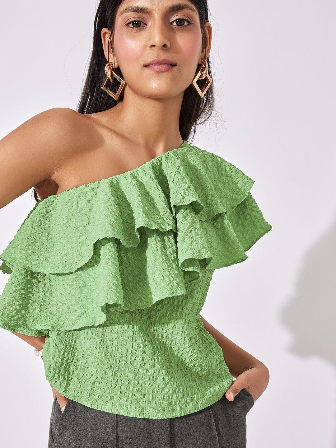 the label life green leaf ruffled one shoulder top