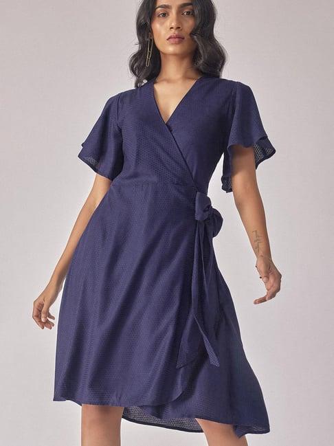the label life ink blue wrap dress