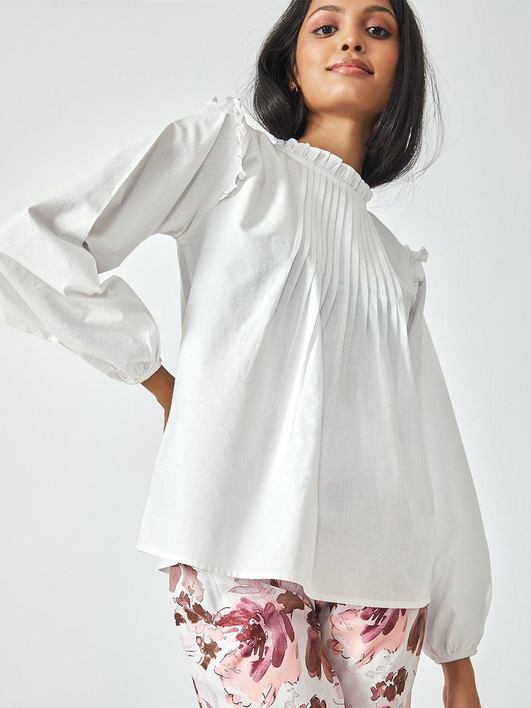 the label life ivory white pintuck ruffle neck blouse