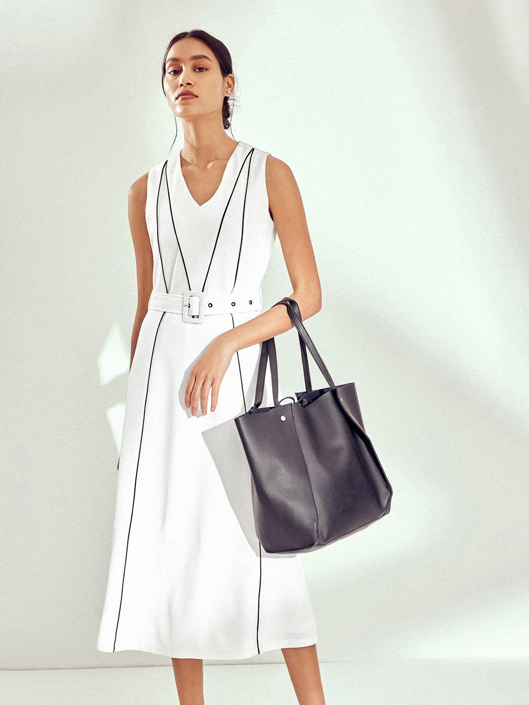 the label life monochrome belted a-line midi dress