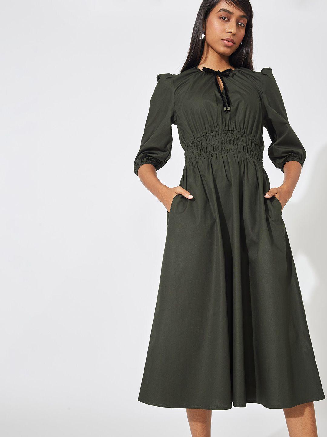 the label life olive smocked midi dress