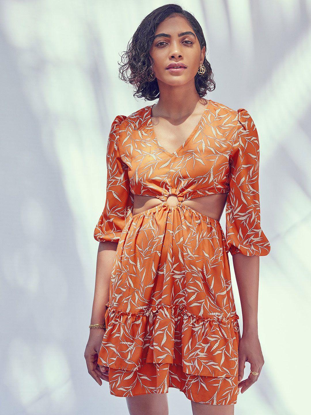 the label life orange ethnic motifs print fit & flare dress