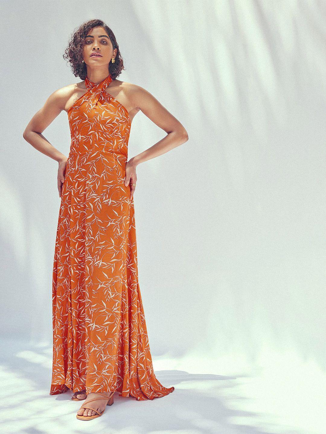 the label life orange ethnic motifs print halter neck maxi dress