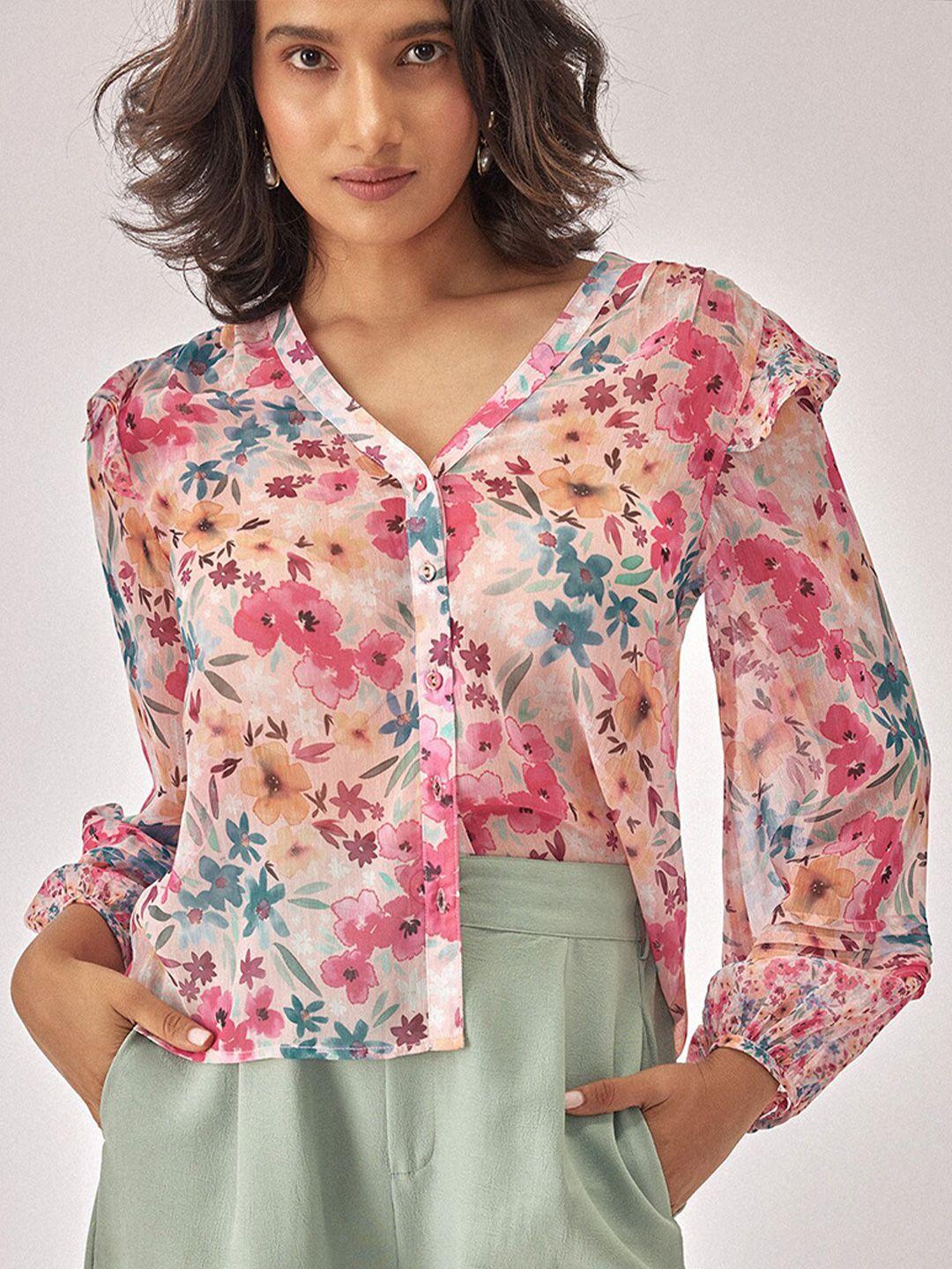 the label life pink floral print chiffon top