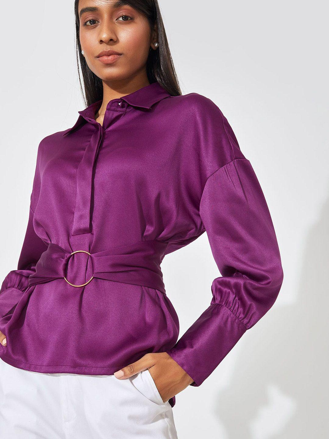 the label life purple pure silk buckled shirt style top