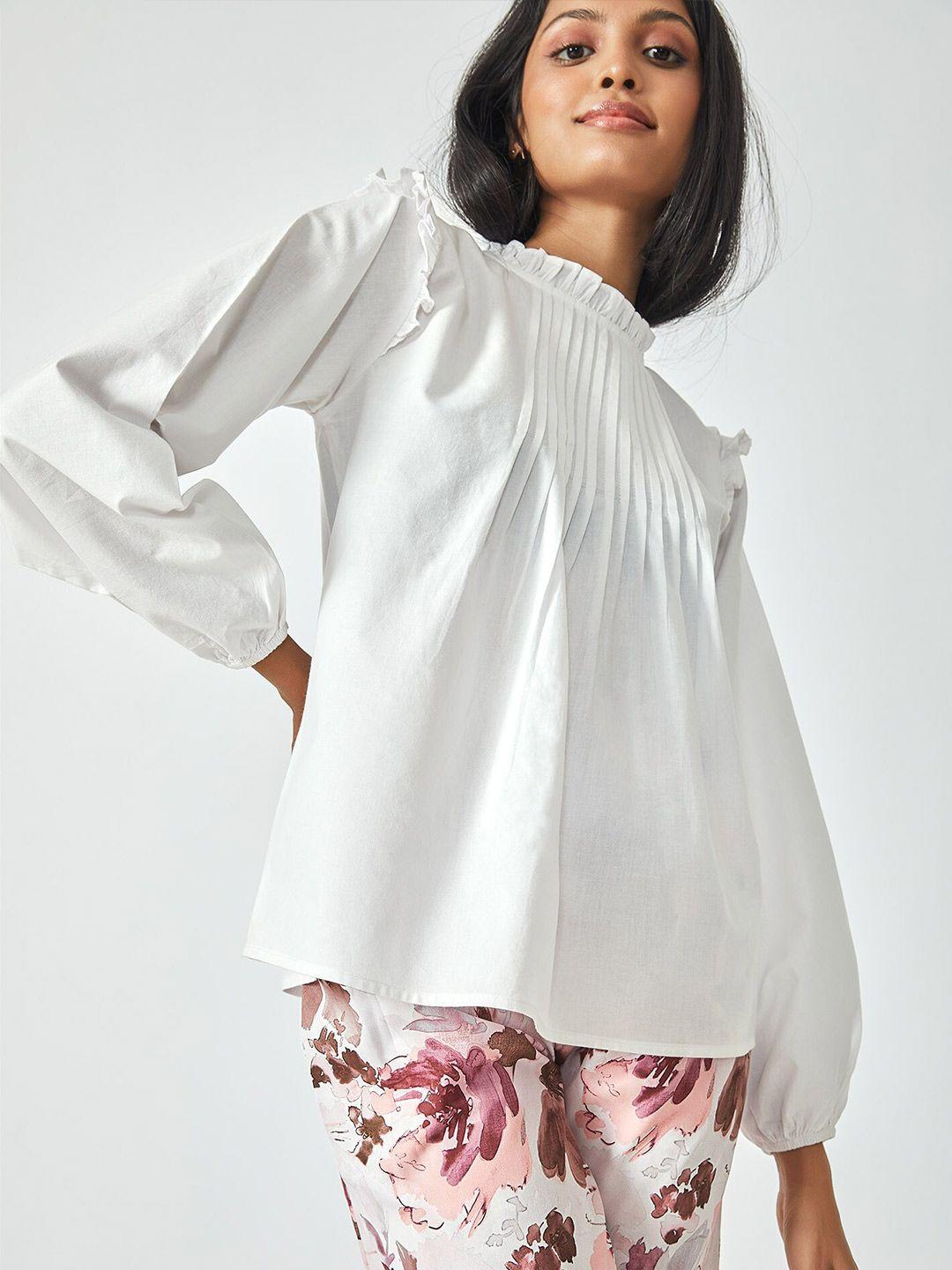 the label life ruffled neck puff sleeves cotton a-line top