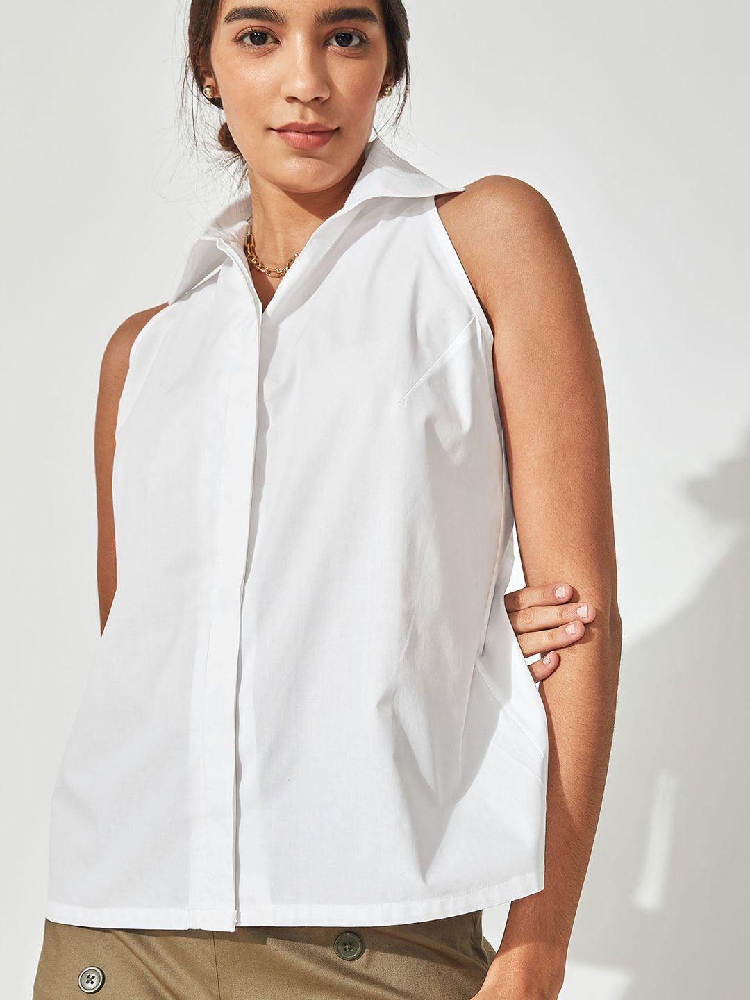 the label life spread collar sleeveless cotton casual shirt