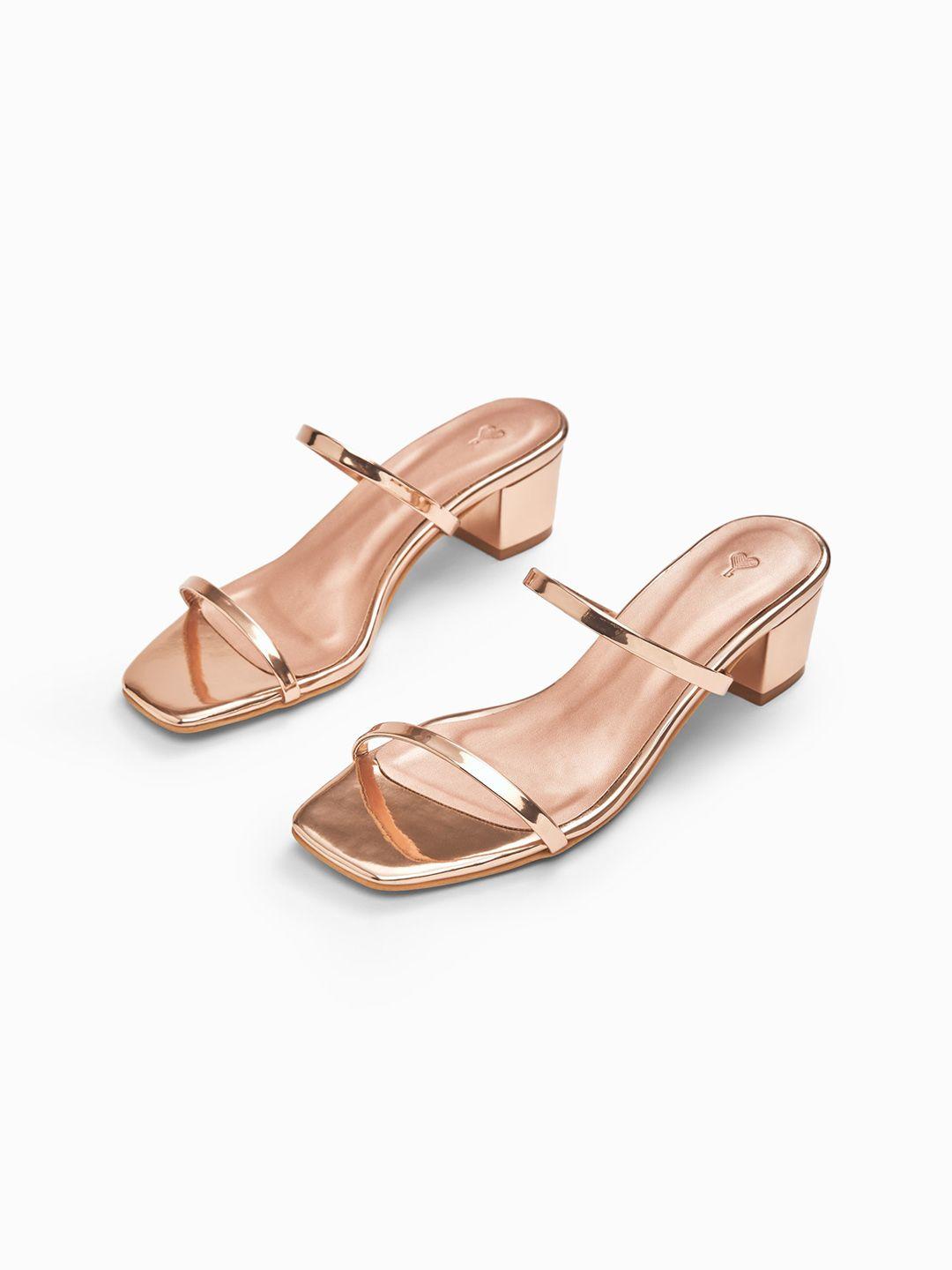 the label life woman rose gold two strap heels