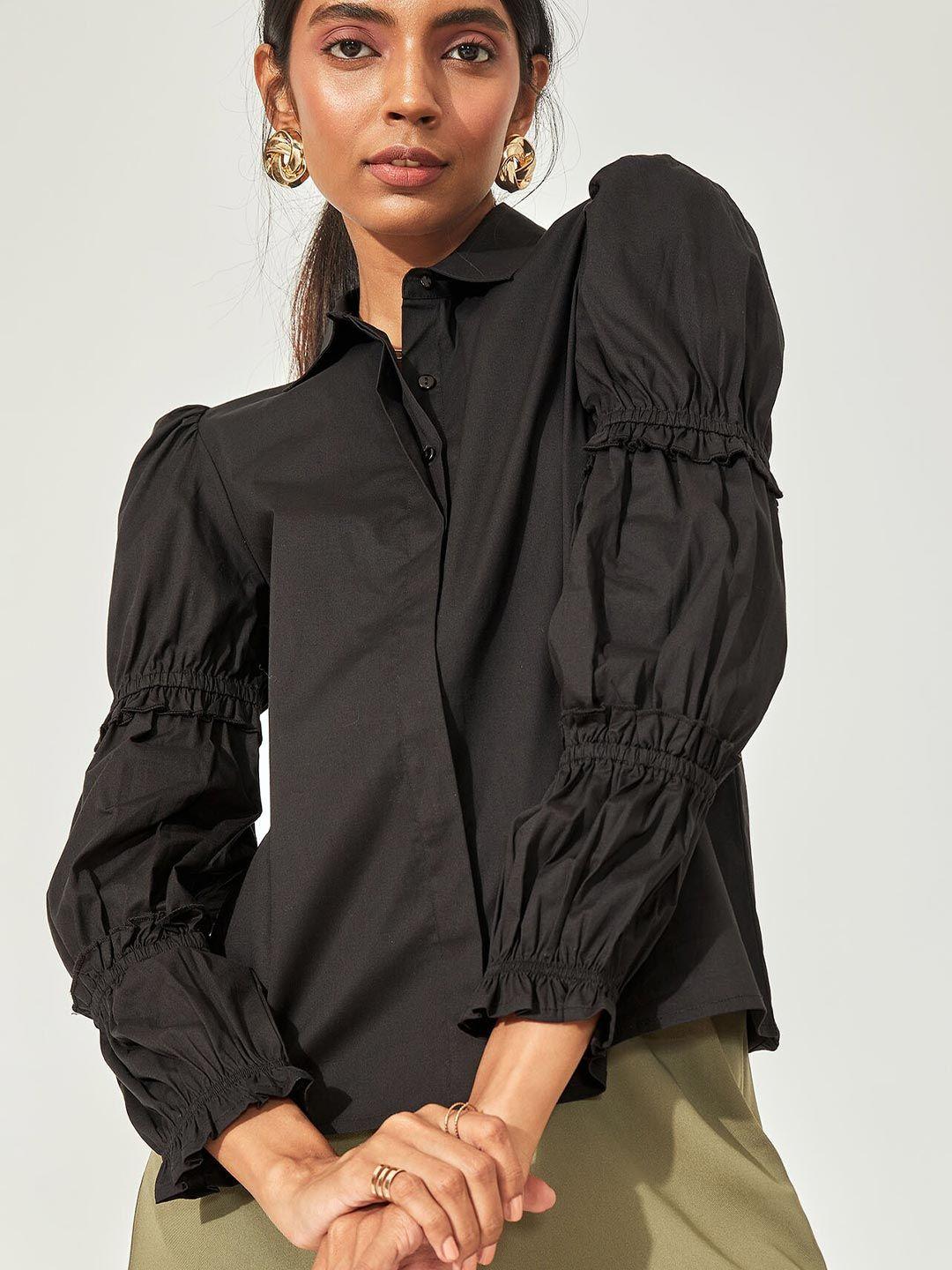 the label life women black comfort ruffled sleeve casual shirt