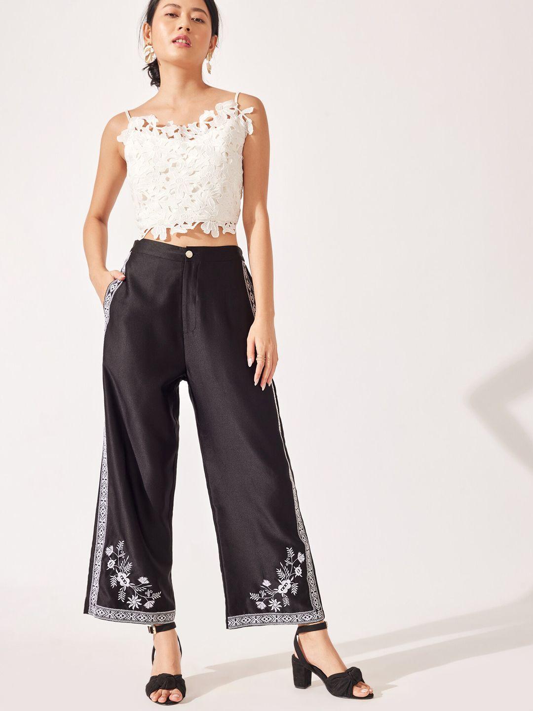 the label life women black floral embroidered loose fit trouser