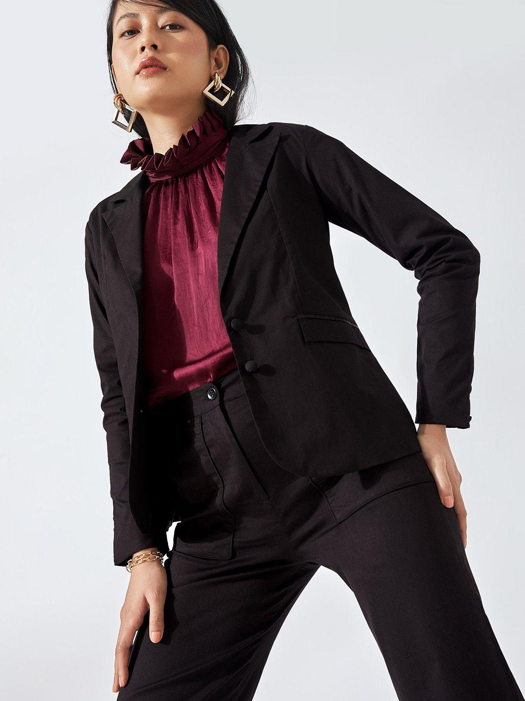 the label life women black solid open front pure cotton formal blazer