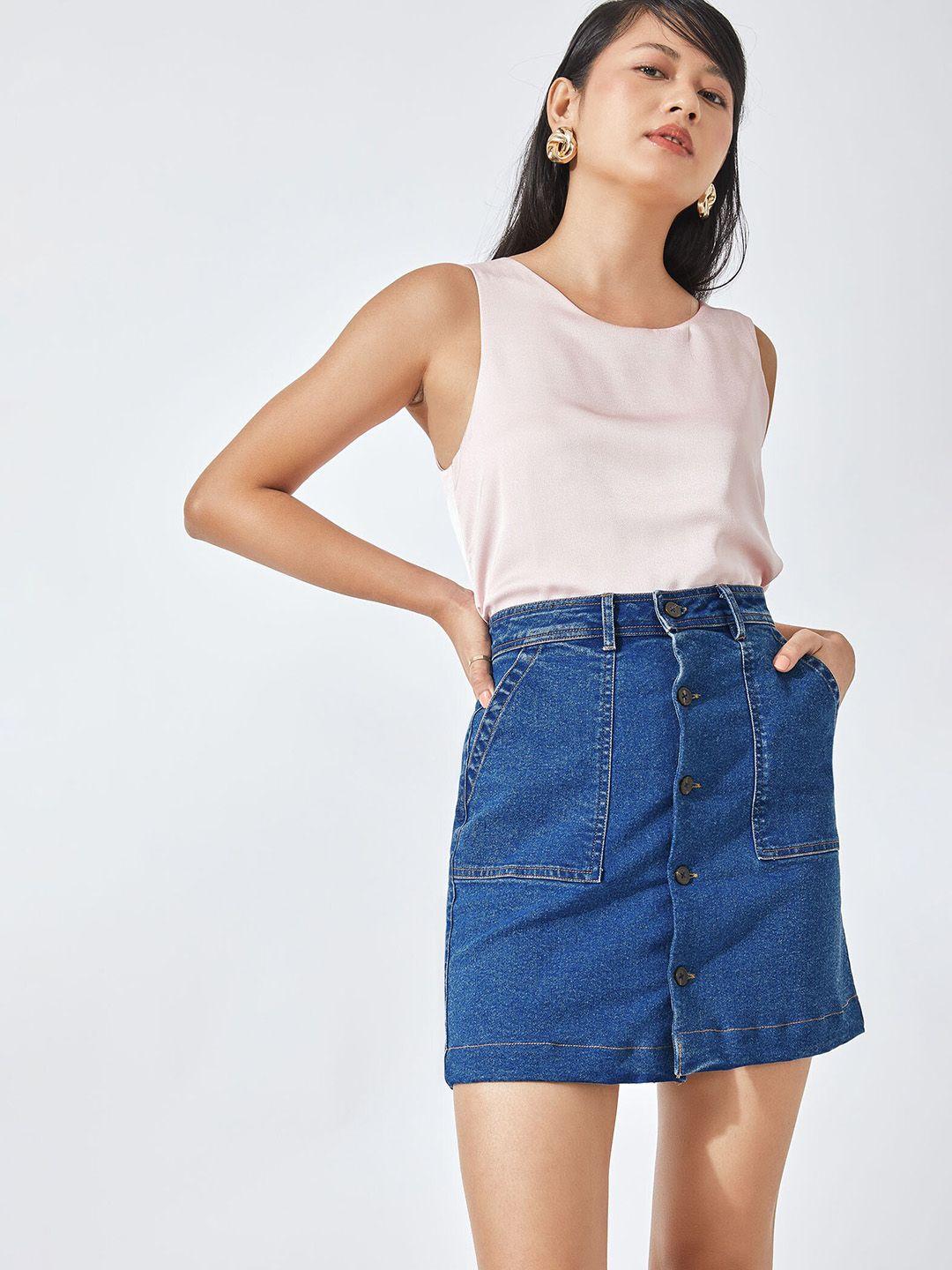 the label life women blue solid pure high waist cotton denim mini straight skirt