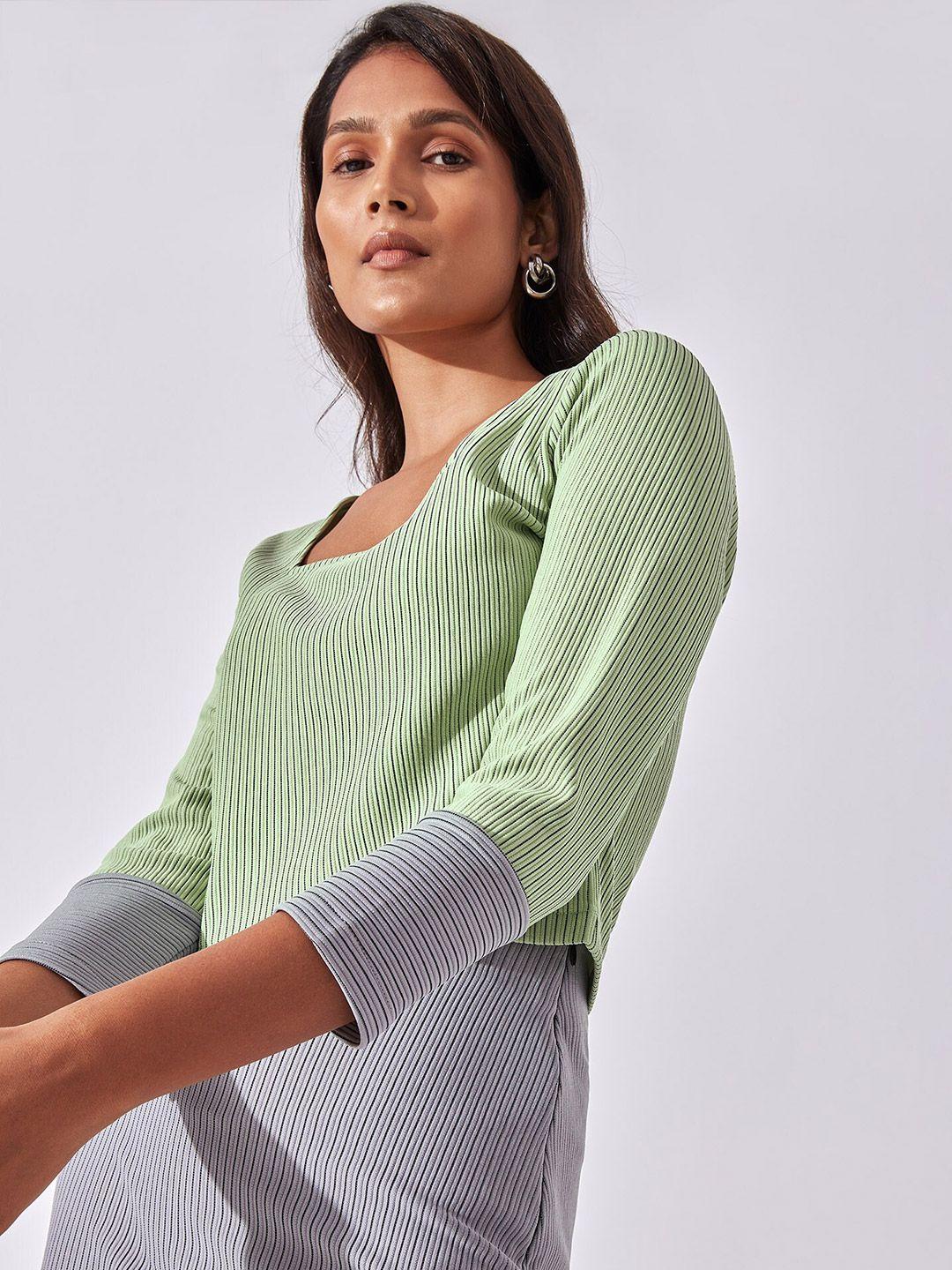 the label life women green & grey squared neck striped top