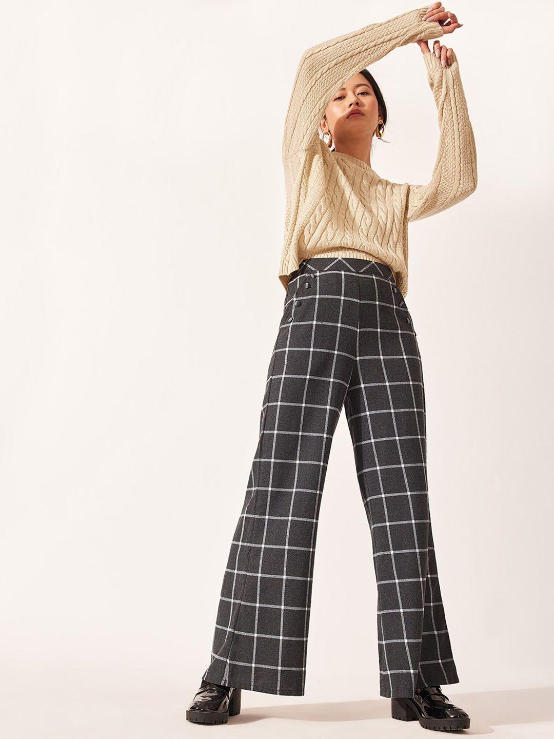 the label life women grey & white checked cotton loose fit parallel trouser