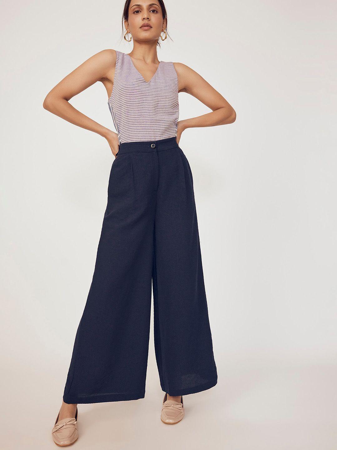 the label life women high rise flared pleated plain parallel trousers