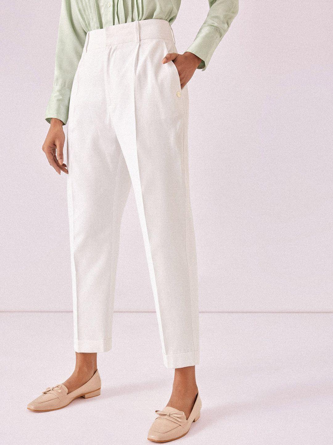 the label life women high-rise plain pleated cotton tapered fit cropped trousers