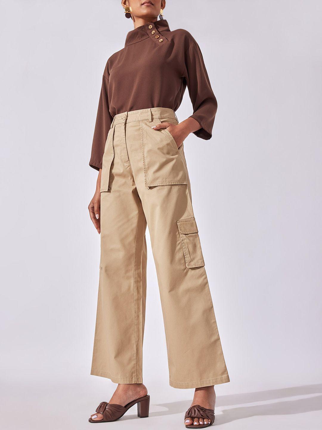 the label life women khaki straight fit cotton parallel cargo trouser