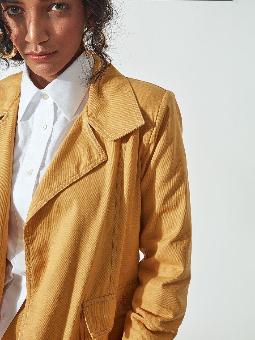 the label life women mustard longline open front jacket