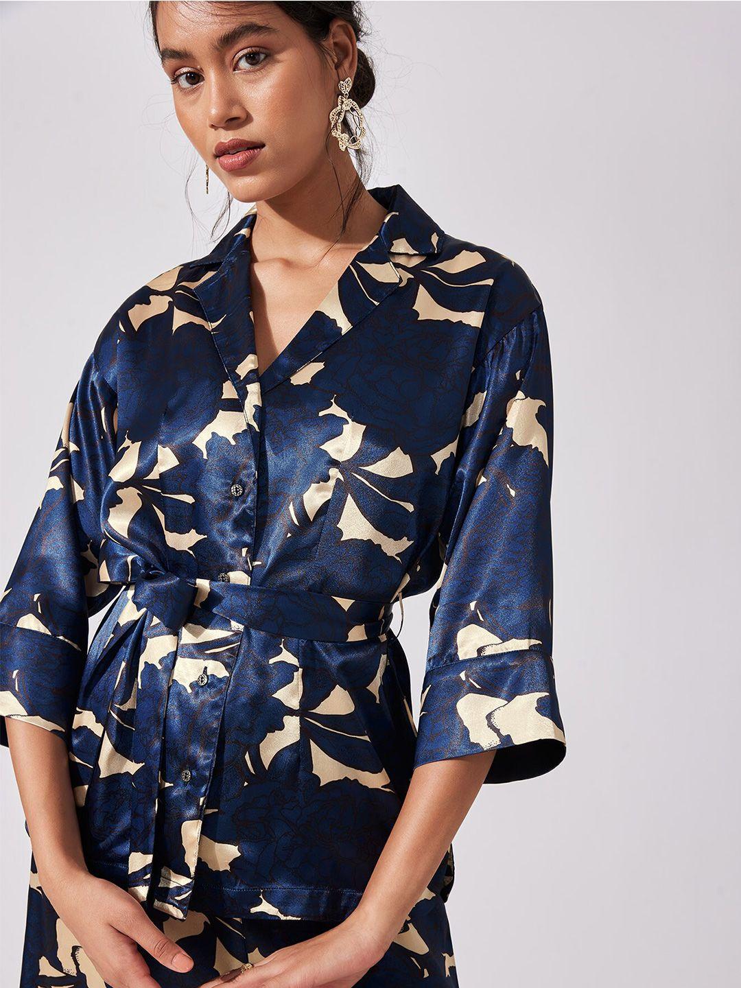 the label life women navy blue & cream abstract printed casual shirt