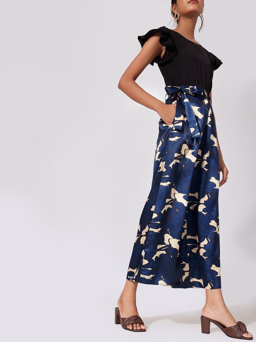 the label life women navy blue & cream floral printed loose fit culottes