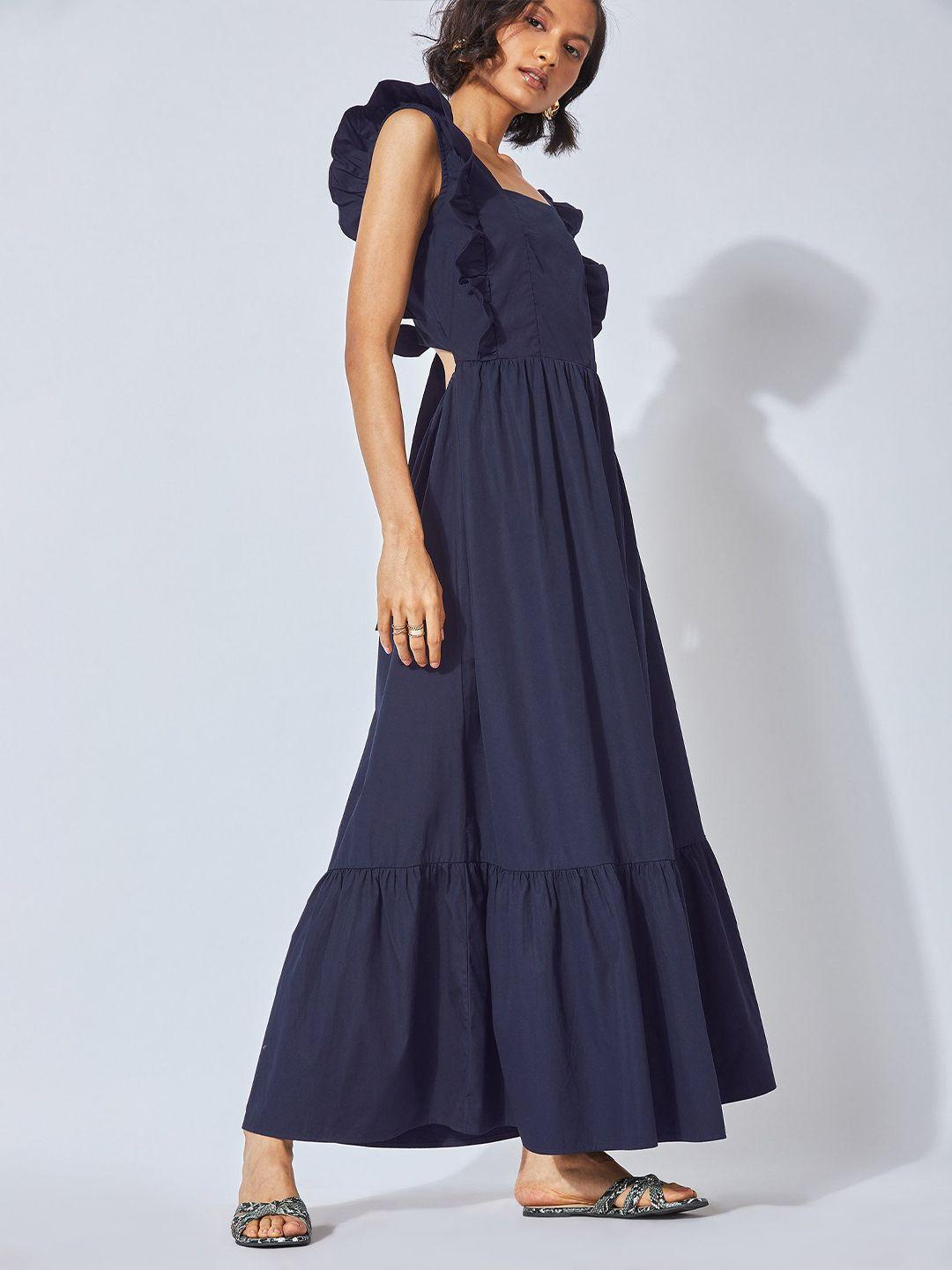 the label life women navy blue cut-out back tiered maxi dress