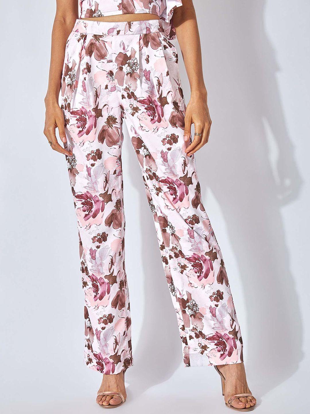 the label life women pink floral printed flared pleated trousers