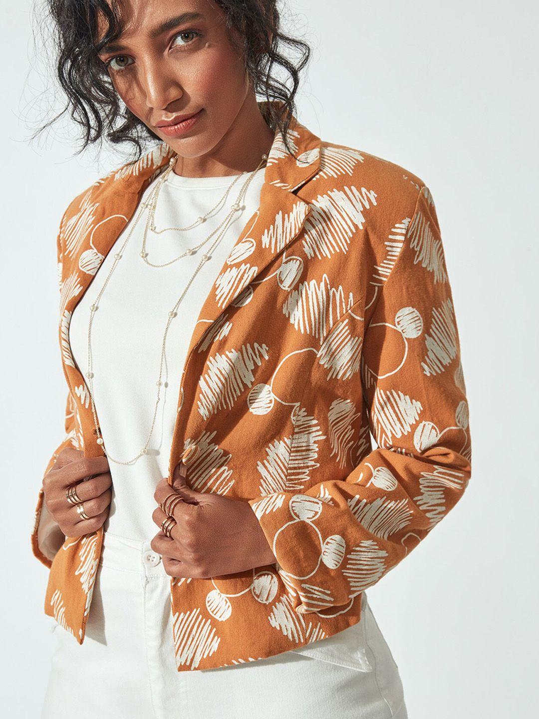the label life women rust colored printed front open cotton blazers