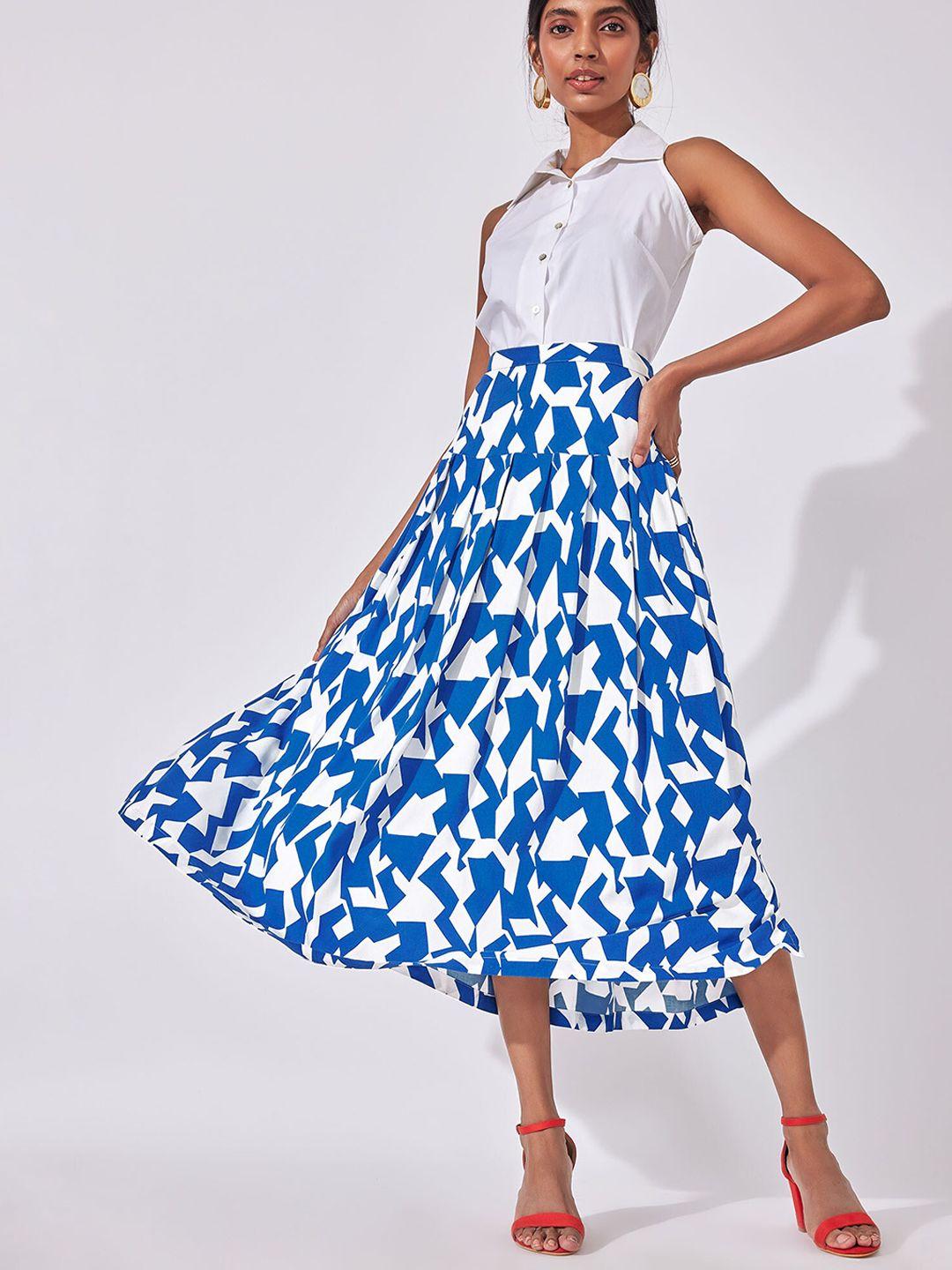 the label life women white & blue a-line mosaic print pleated skirt