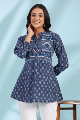 the madhubala blue geometric printed pure cotton tunic - blue