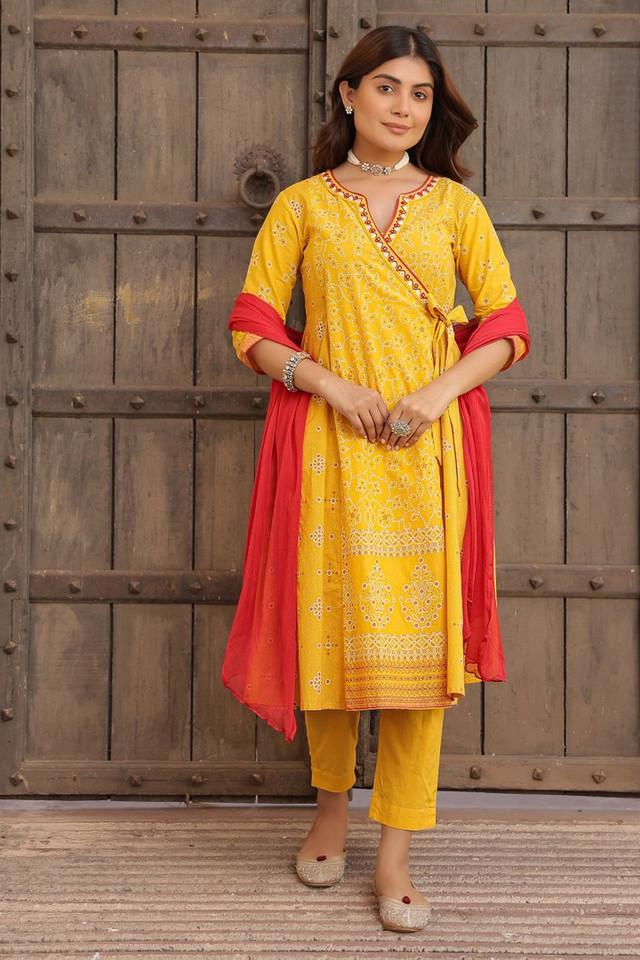 the madhubala mustard bandhani printed angrakha anarkali cotton kurta with pants and dupatta set with mirror work embroidery _ contrast piping (3-pcs)