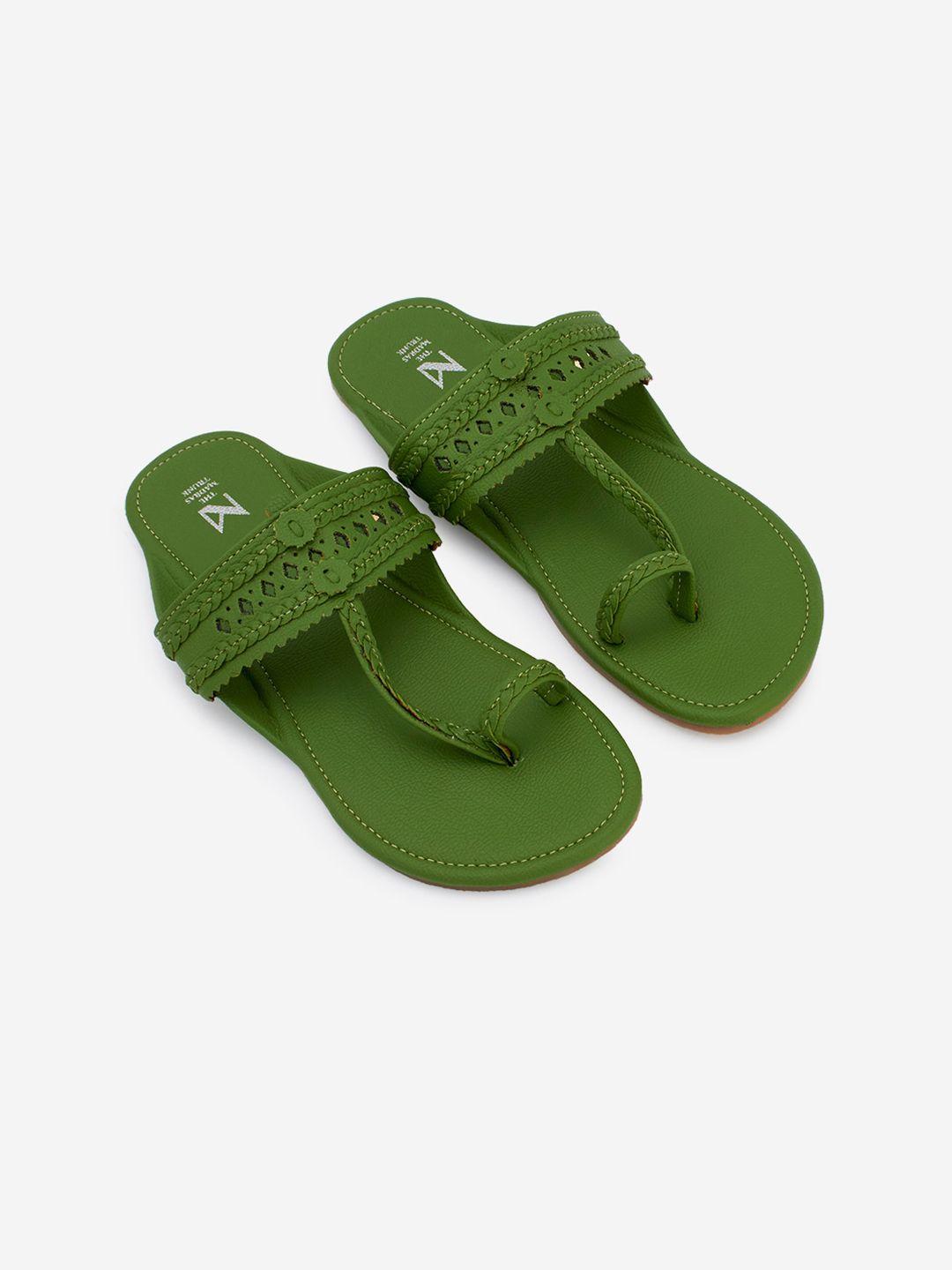 the madras trunk women green t-strap flats with laser cuts