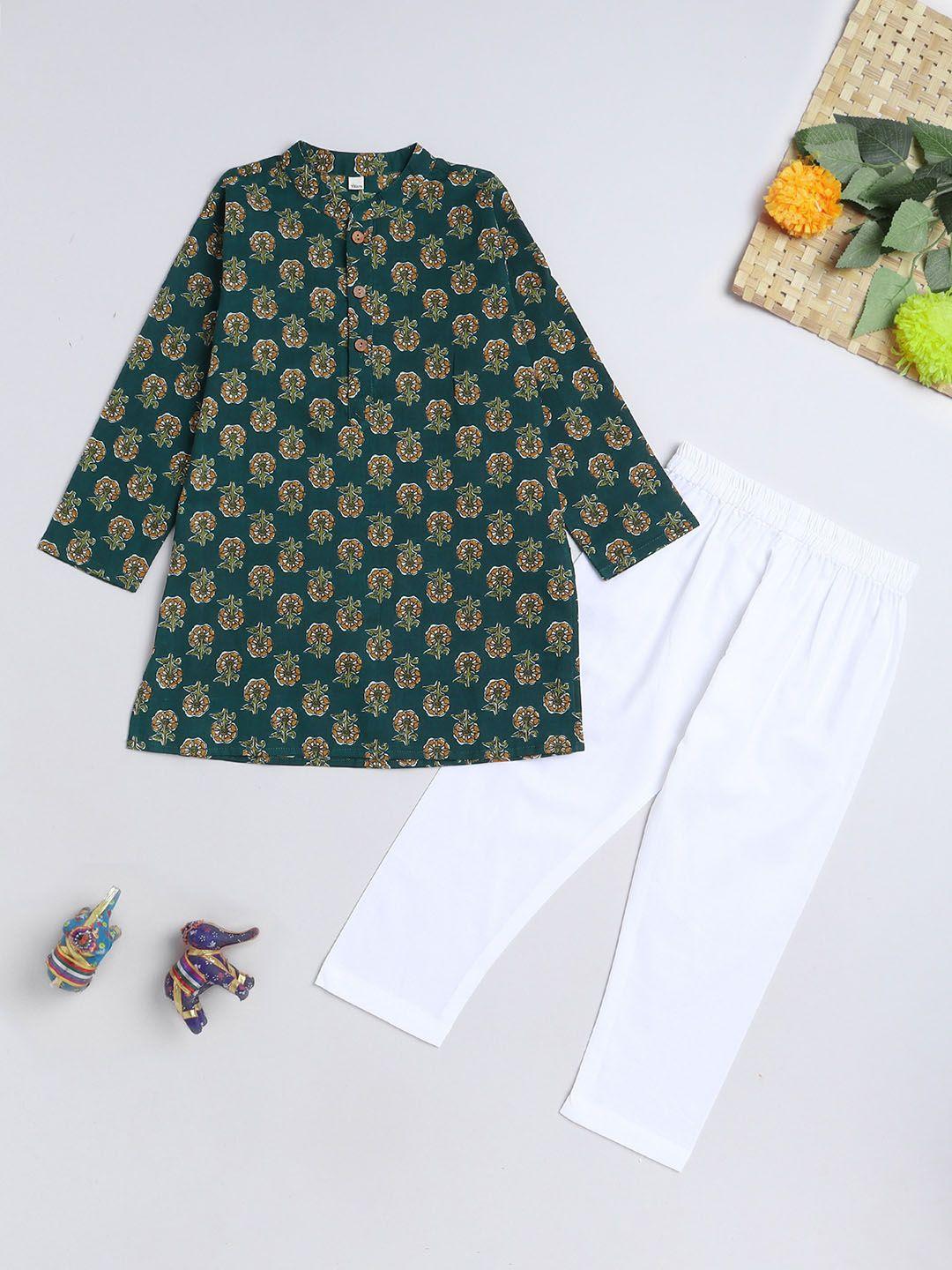 the magic wand boys ethnic motifs printed mandarin collar pure cotton kurta with pyjamas