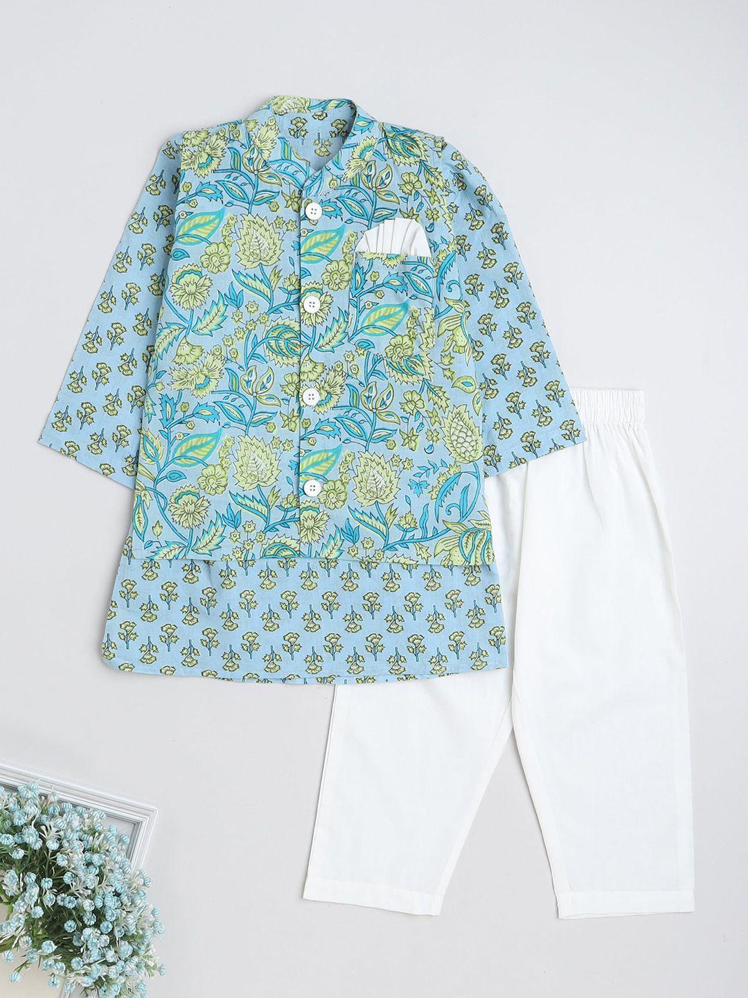 the magic wand boys ethnic motifs printed pure cotton kurta with pyjamas& nehru jacket