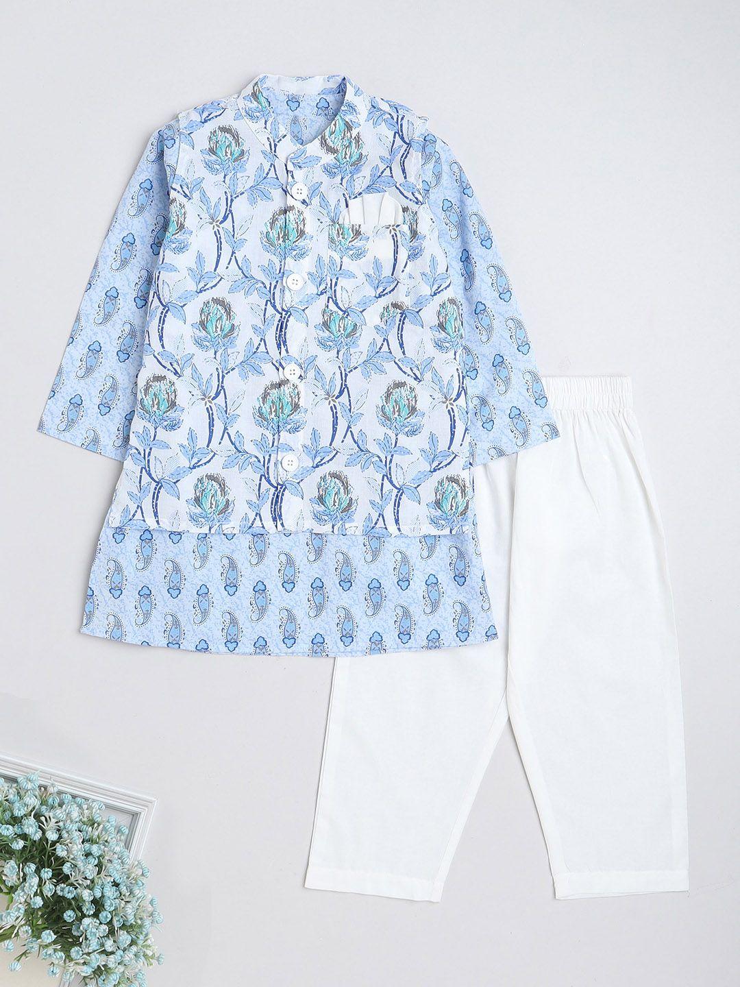 the magic wand boys ethnic motifs printed pure cotton kurta with pyjamas & nehru jacket