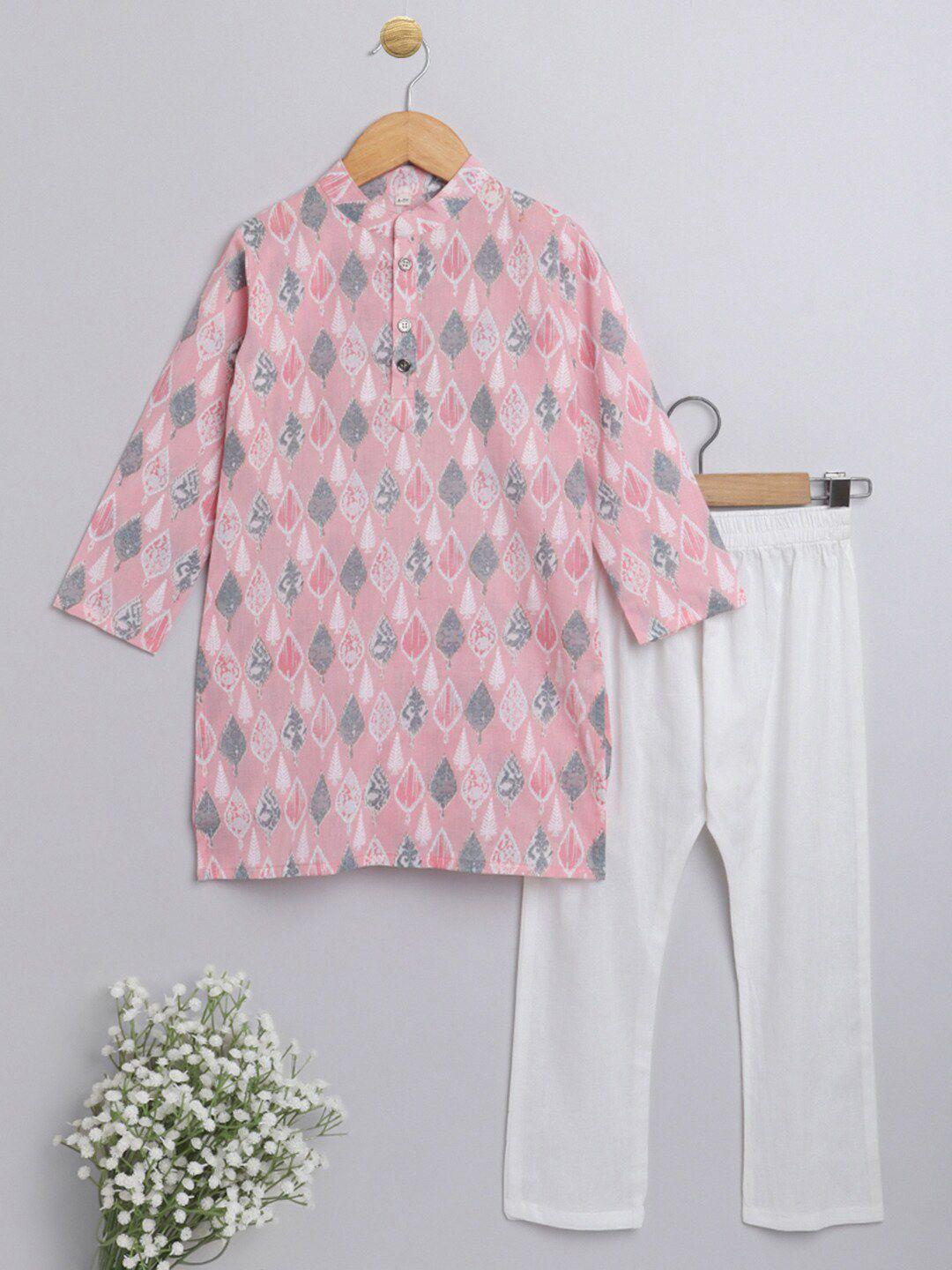 the magic wand boys pink & white ethnic motifs printed pure cotton kurta with pyjamas