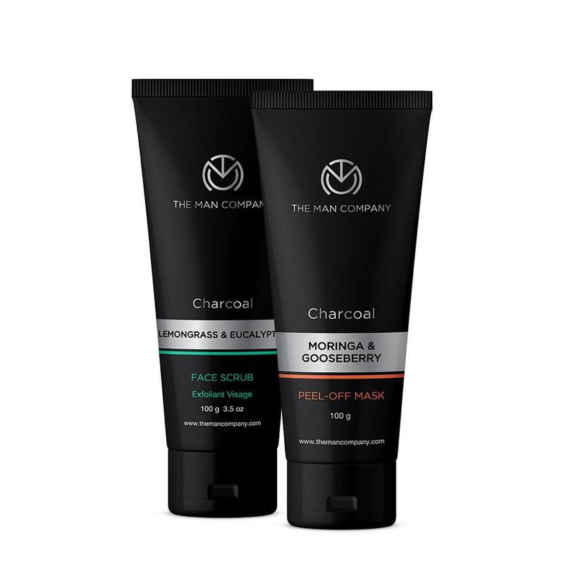 the man company face cleanse duo moringa & gooseberry peel-off mask & charcoal face scrub - set of 2