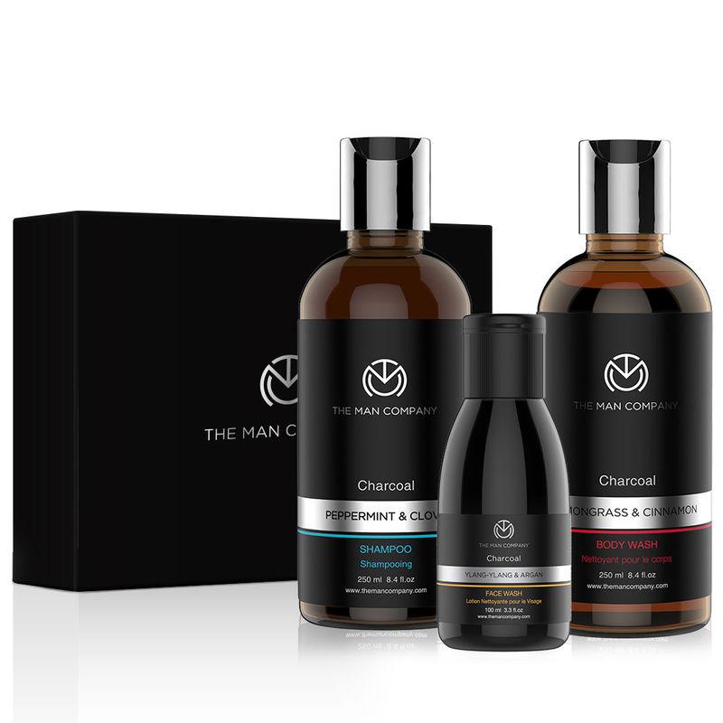 the man company gift set cleanse pack (charcoal shampoo + face wash + body wash)