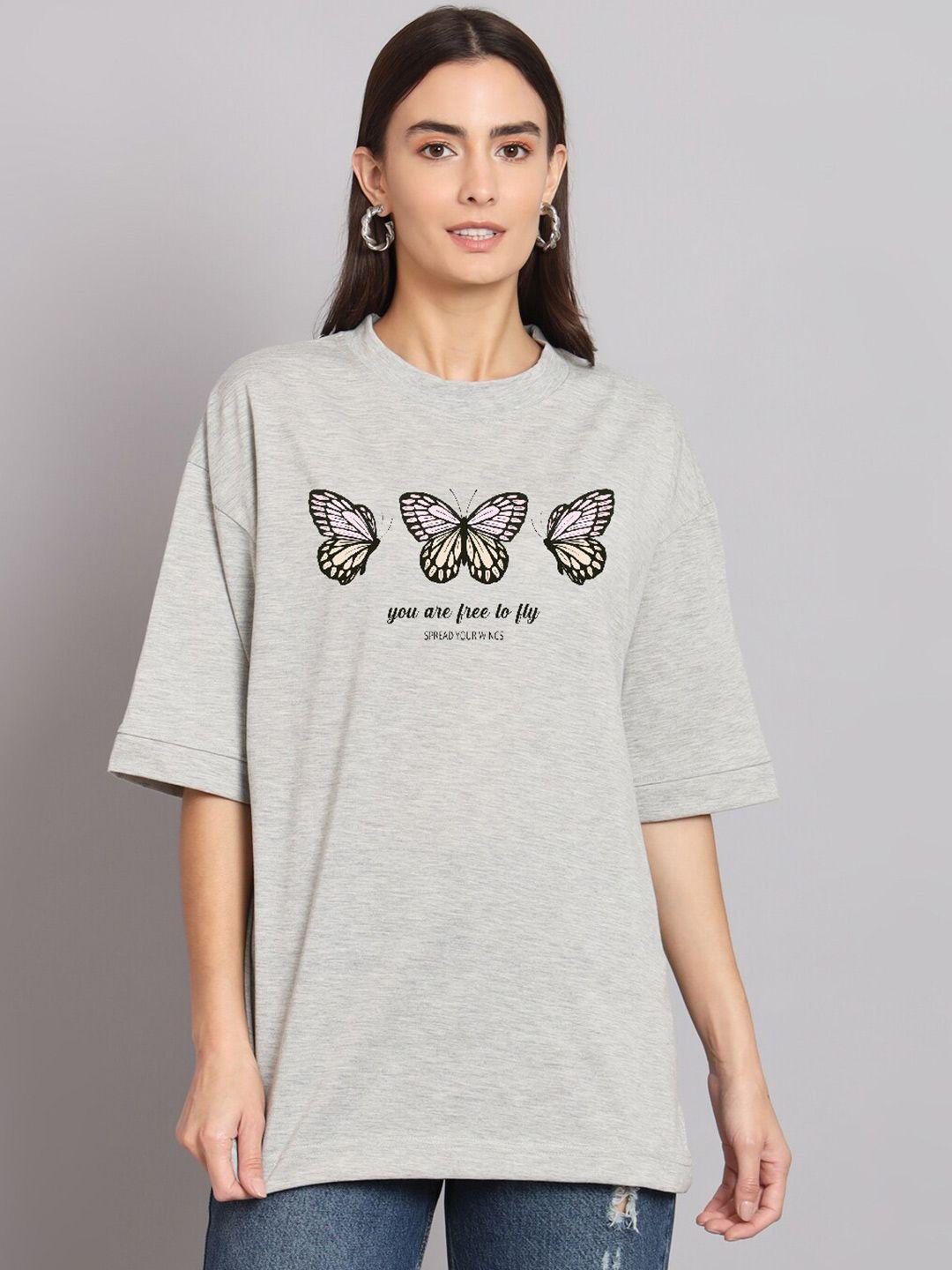the modern soul women grey melange typography printed drop-shoulder sleeves t-shirt