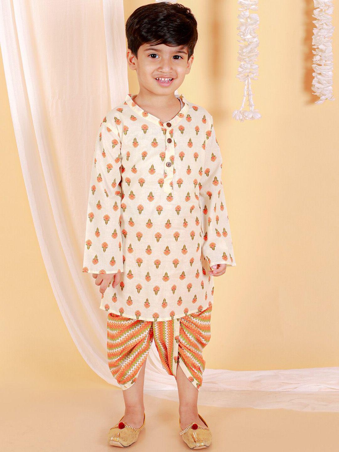 the mom store  boys band collar floral printed regular pure cotton kurta with dhoti