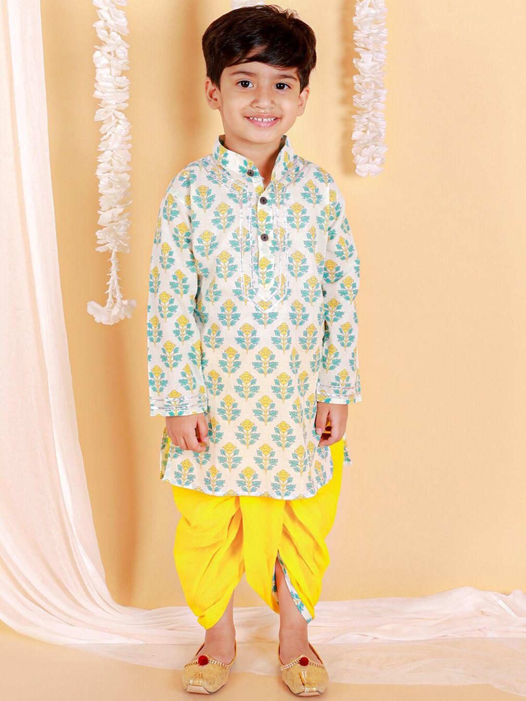 the mom store  boys mandarin collar floral printed regular pure cotton kurta with dhoti