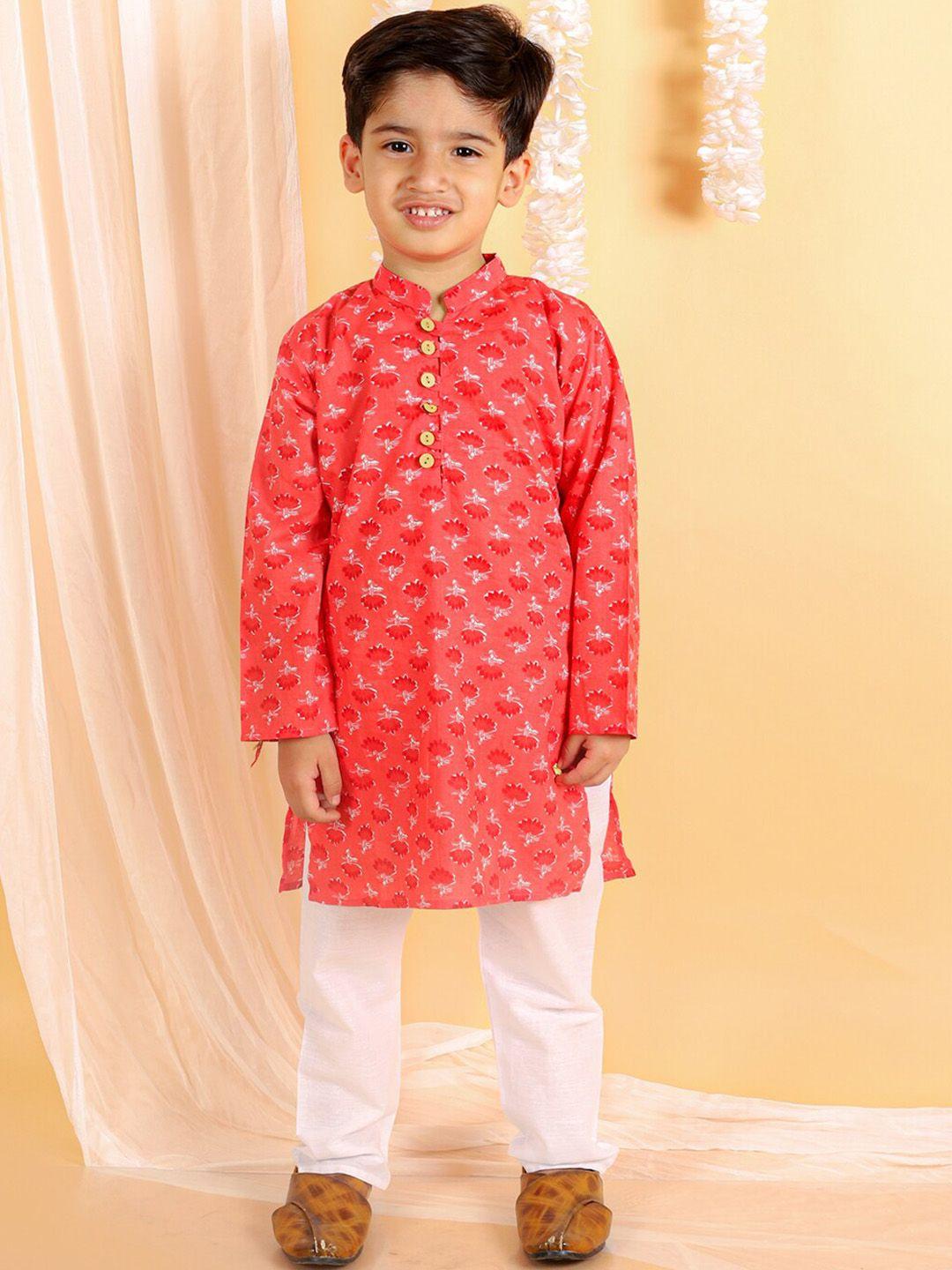 the mom store  boys mandarin collar floral printed regular pure cotton kurta with pyjamas