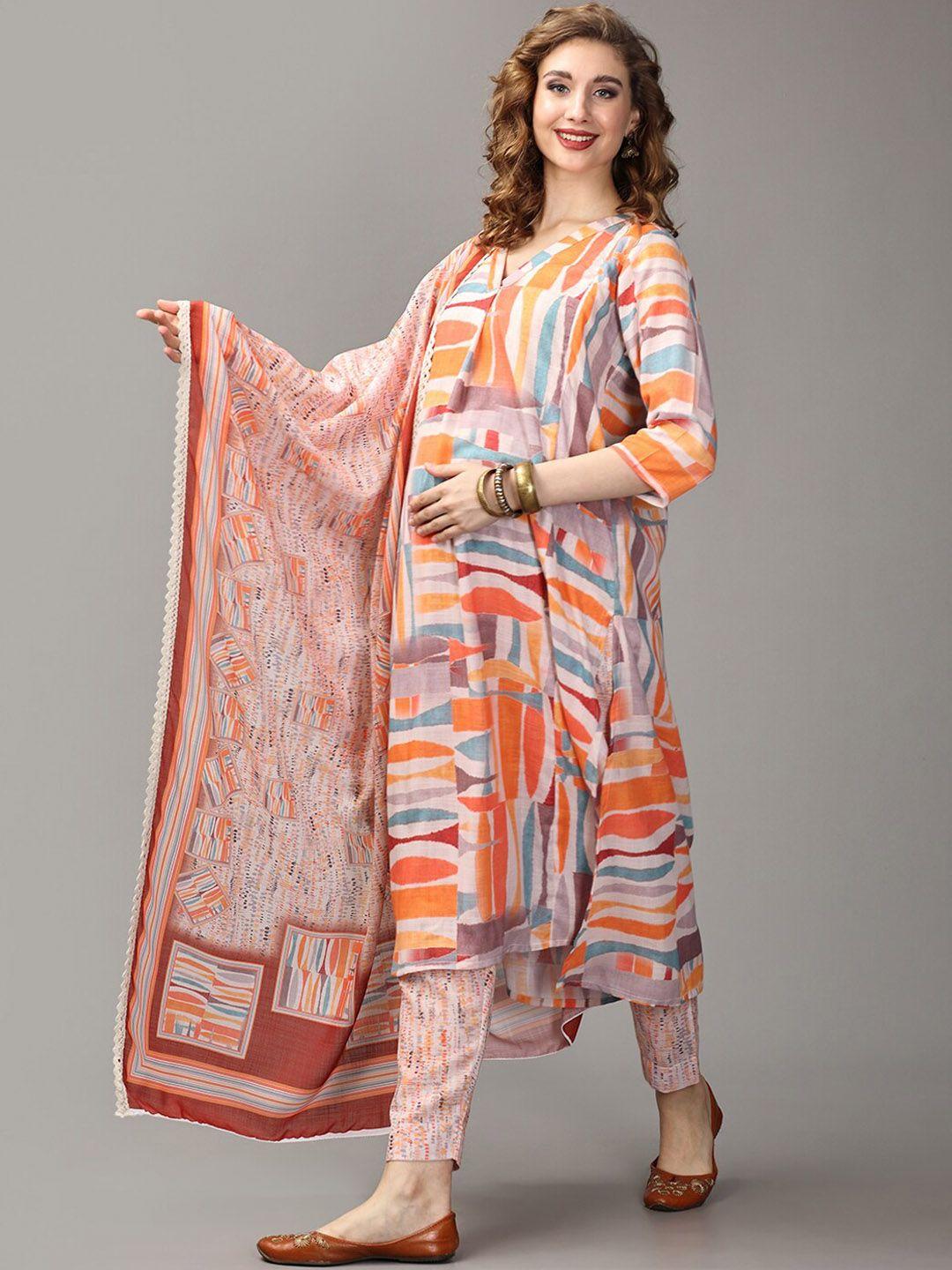 the mom store abstract printed pure cotton maternity kurta & trousers with dupatta