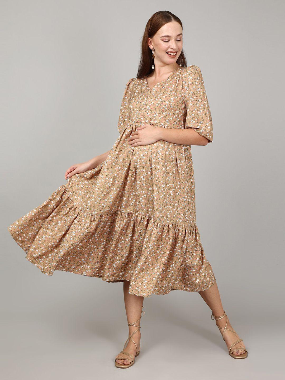 the mom store beige floral print a-line midi dress