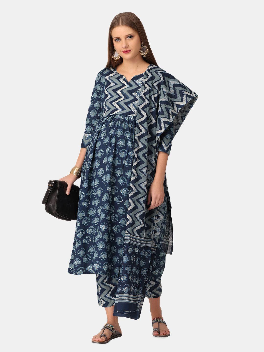 the mom store blue ethnic motifs print pure cotton maternity kurti with trousers & dupatta