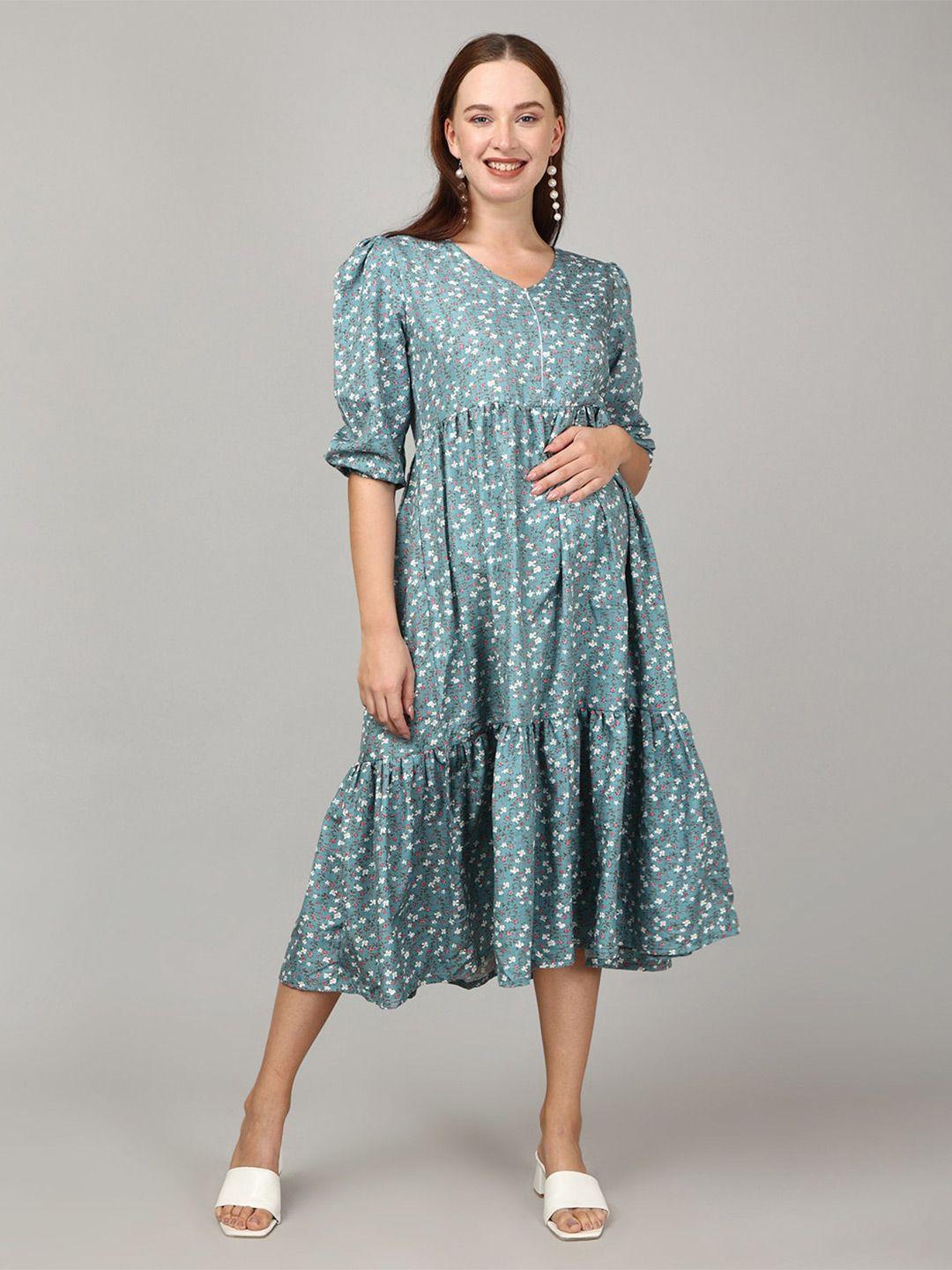 the mom store blue floral print a-line midi dress