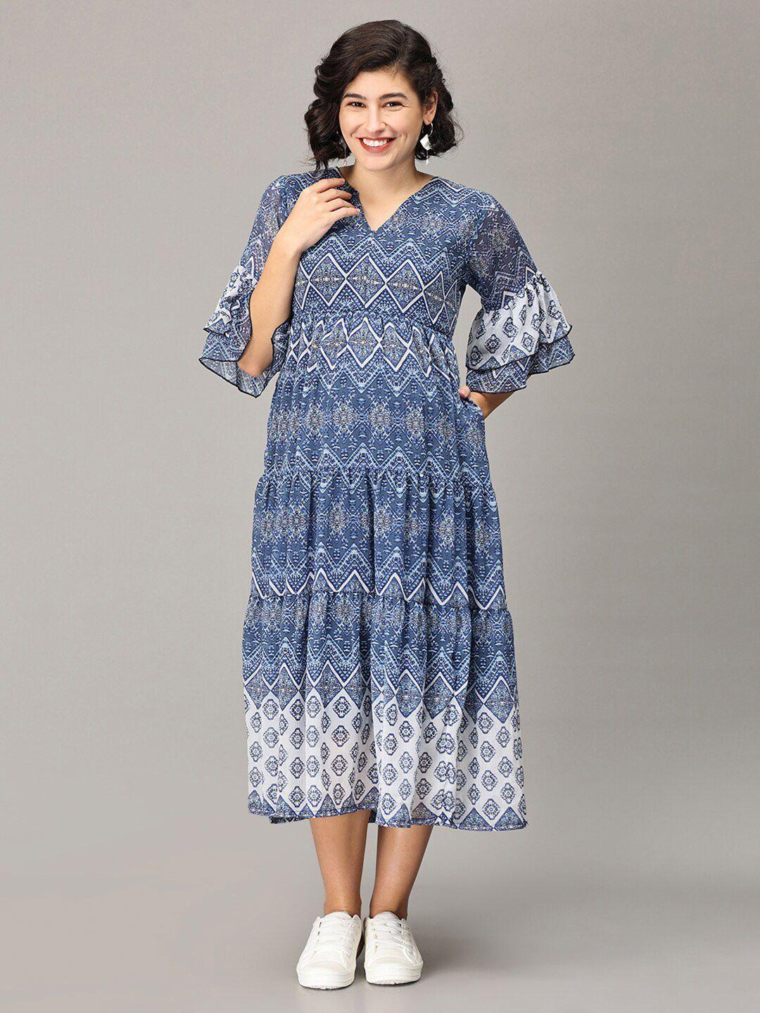 the mom store blue floral print bell sleeve georgette fit & flare midi dress