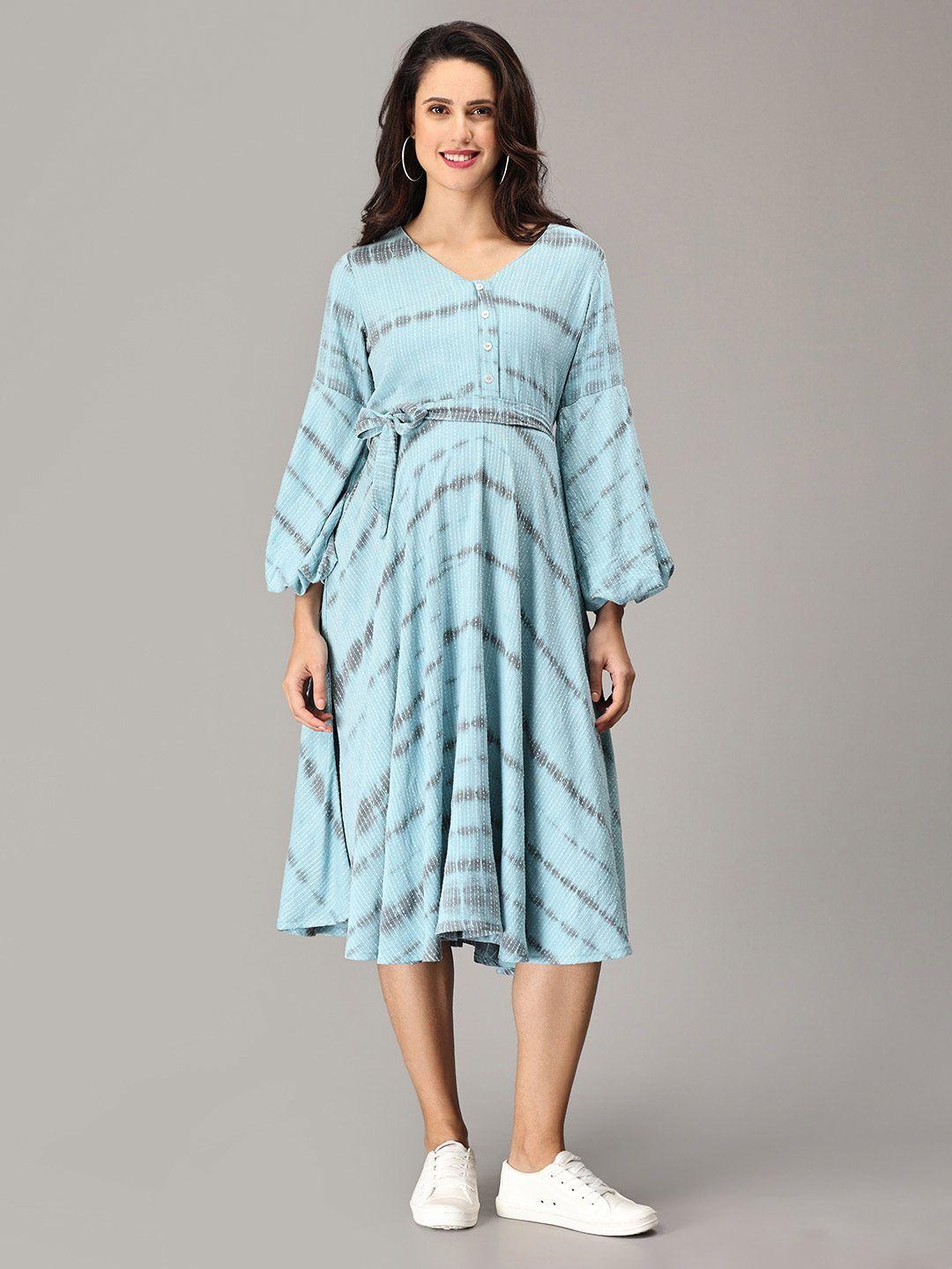 the mom store blue floral print flared sleeve fit & flare midi dress