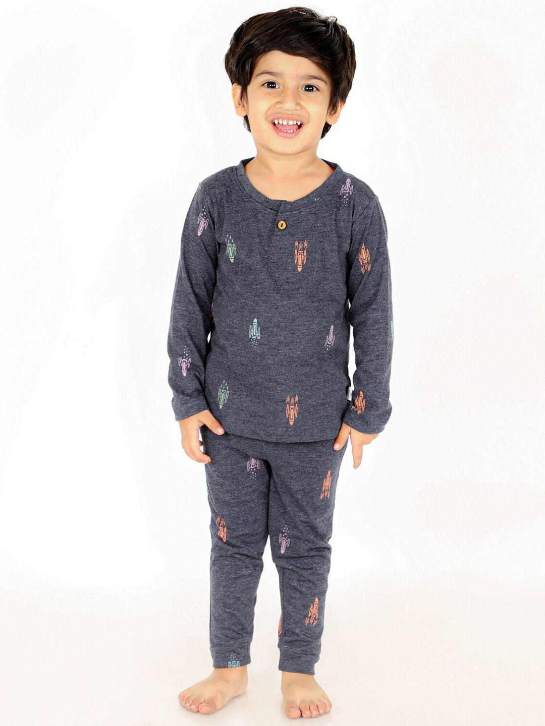 the mom store boys blue & orange printed pure cotton t-shirt with pyjamas